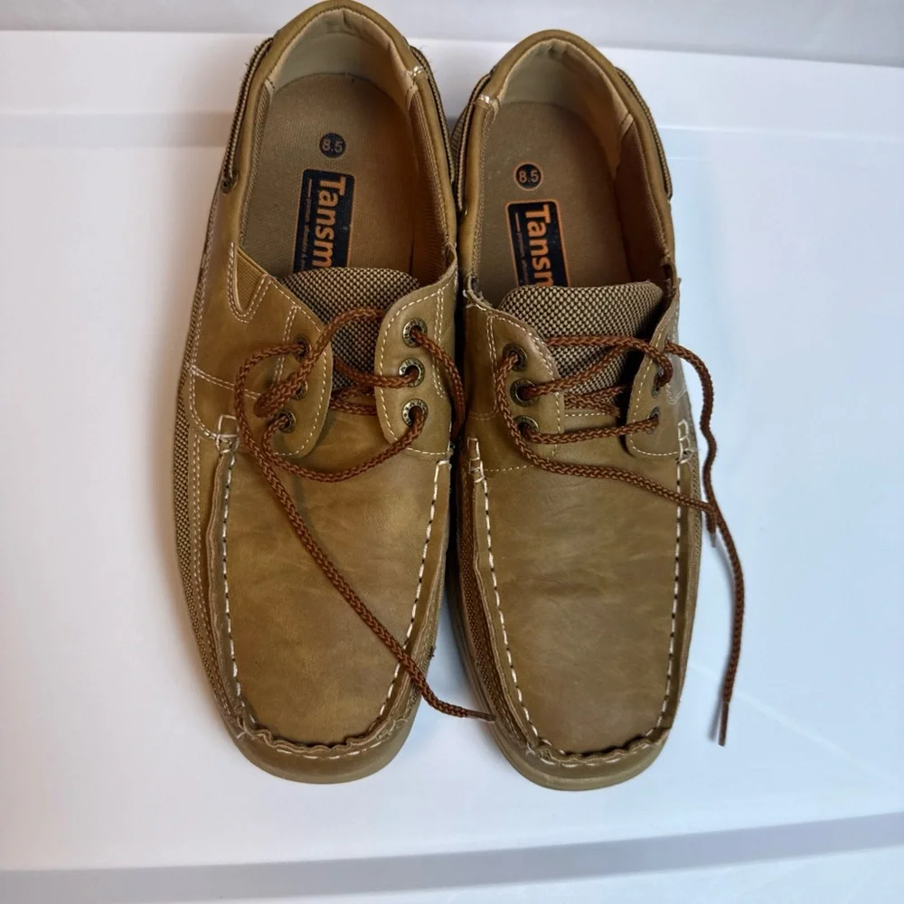 Tansmith Mens‎ Tan Boat Shoes sz 8.5 Boho Casual Lace Up Simulated Leather Mesh